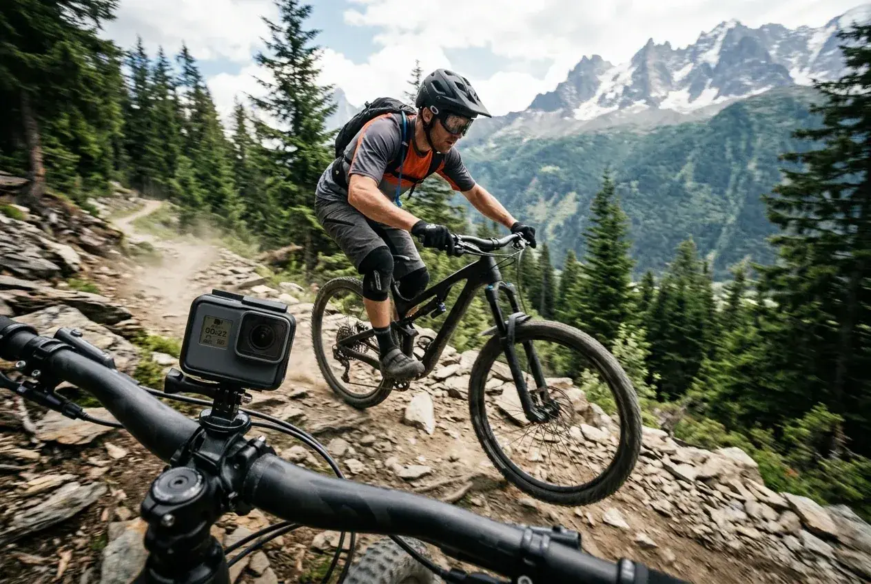 Action-Kamera auf einem Helm-Mount an einem Bergsteiger, dramatische Felslandschaft im Hintergrund
