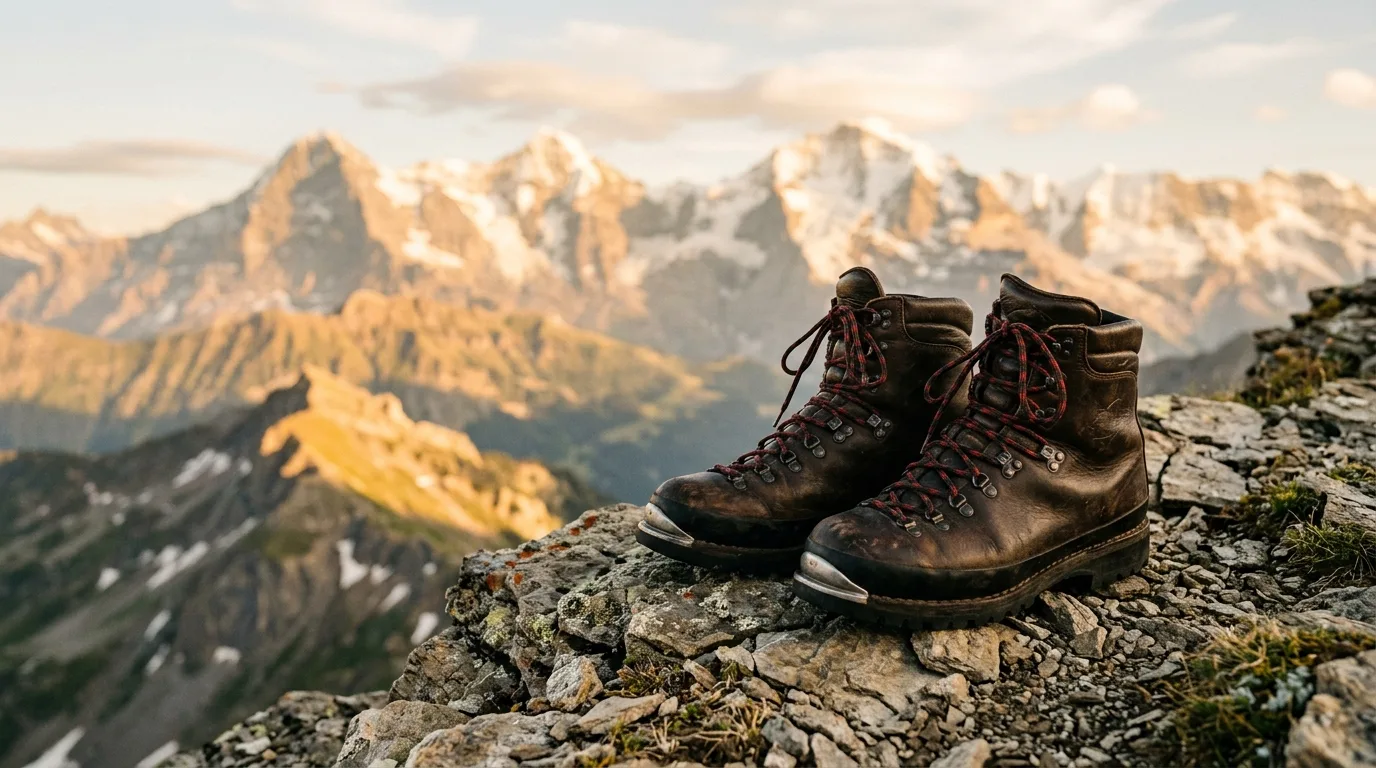 Schwere Bergschuhe auf einem felsigen Klettersteig mit Steigeisen
