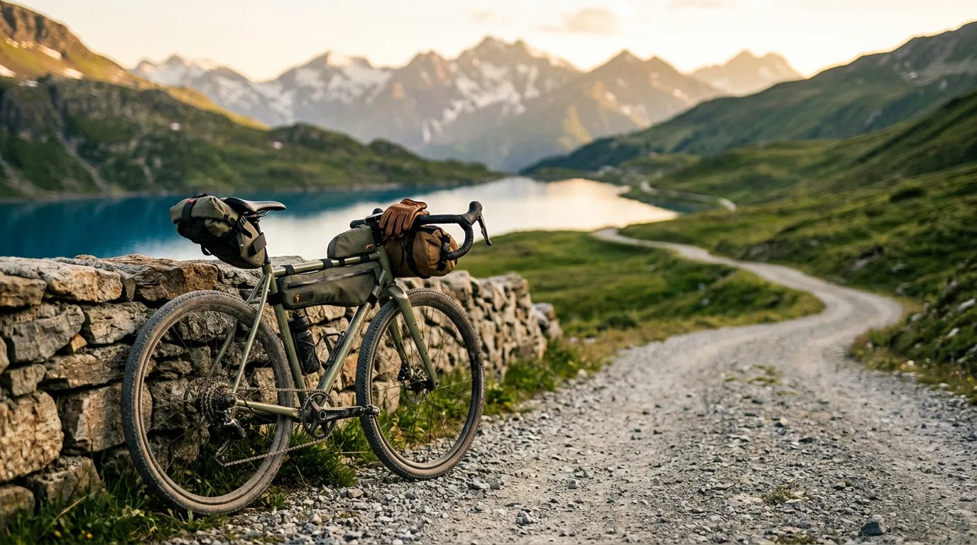 Radfahrer mit vollbepacktem Bikepacking-Setup auf einem Schotterweg in den Bergen