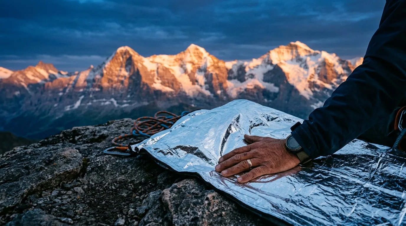 Biwaksack aufgeklappt auf einem Felsvorsprung in den Alpen