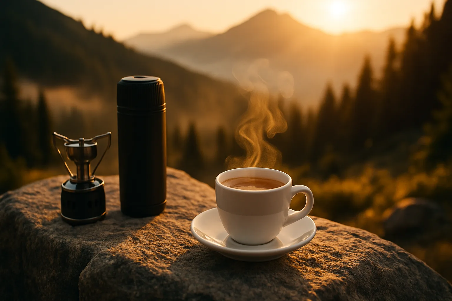 Dampfende Tasse Kaffee auf einem Stein beim Camping, Gaskocher und Espressokanne im Morgenlicht