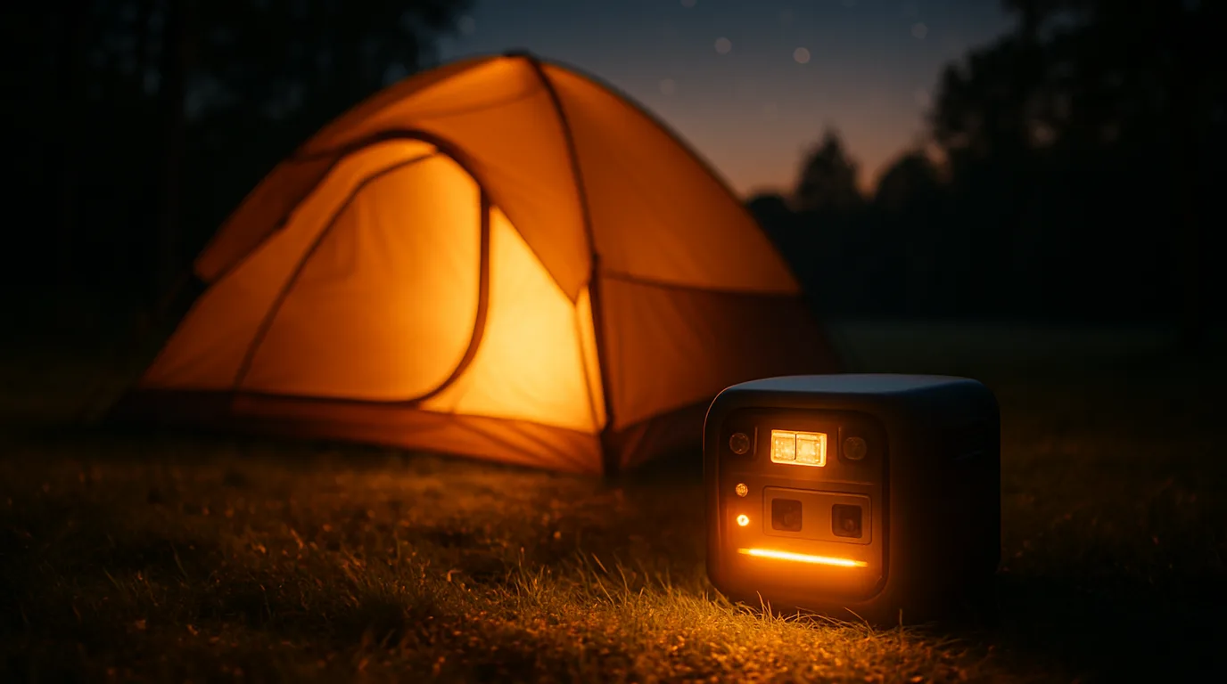 Mobile Camping Powerstation leuchtet ein gemütliches Zelt in der Nacht