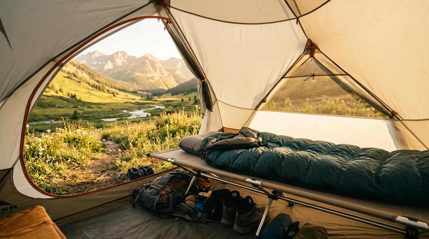 Ultraleichtes Campingbett aufgebaut in einem Zelt mit warmem Licht und Schlafsack darauf