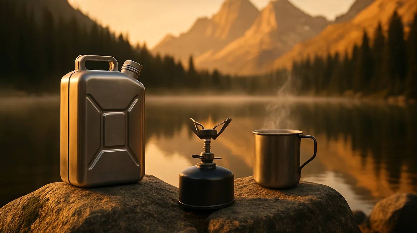 Camping-Gaskartusche im Vordergrund mit Campingkocher und Bergsee im Hintergrund