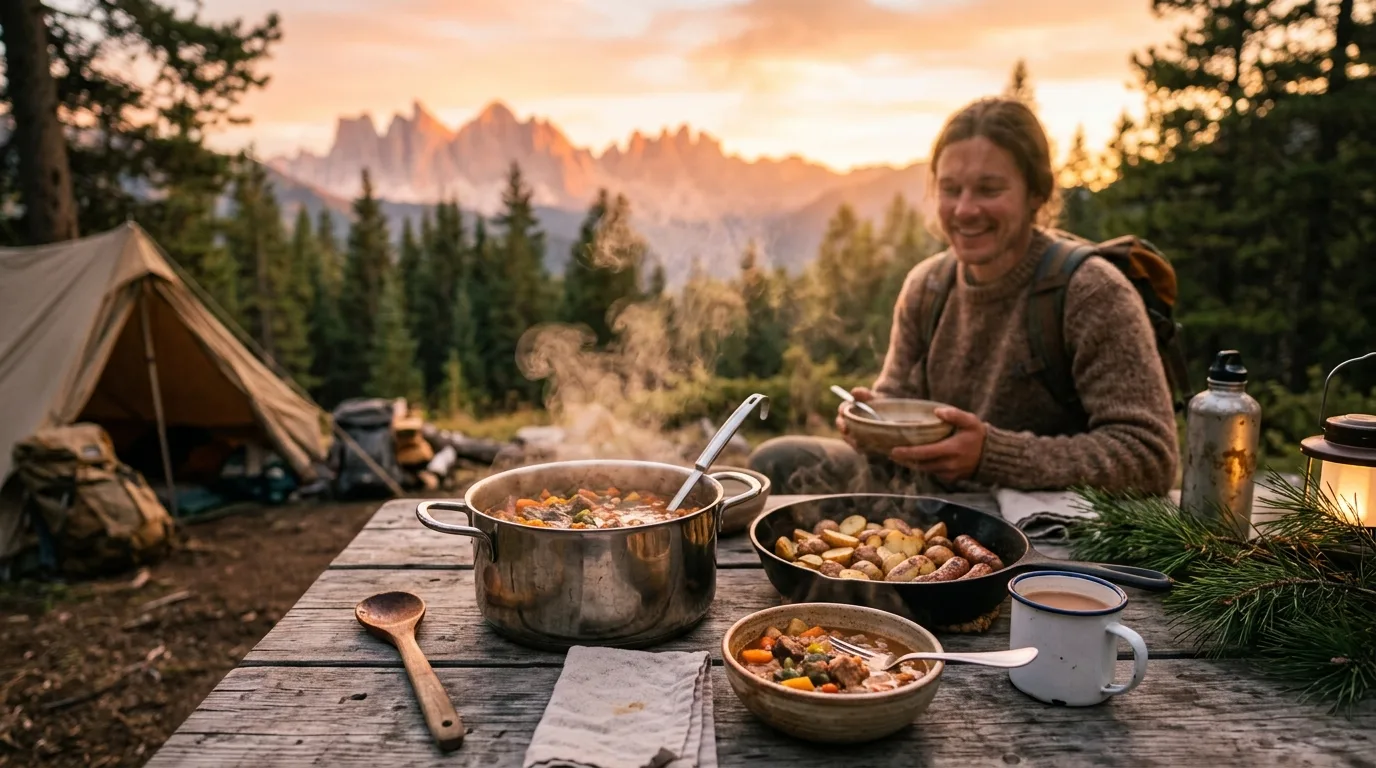 Campinggeschirr-Set auf einem Campingtisch mit Bergen im Hintergrund