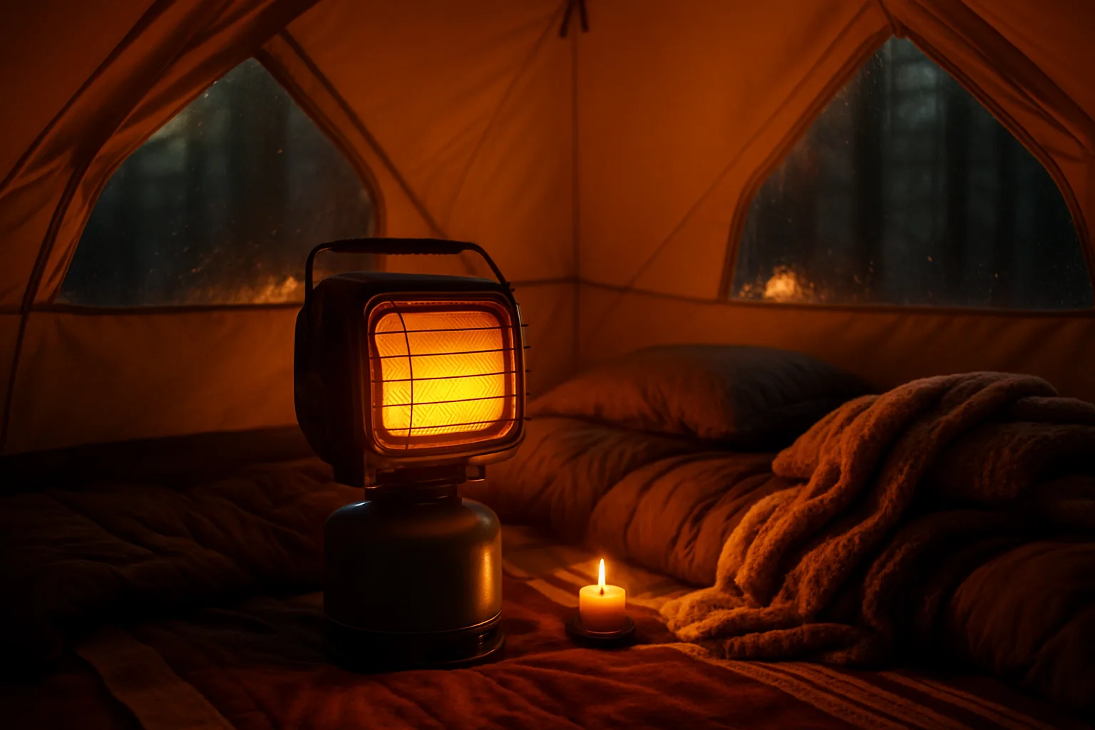 Warme portable Propanheizung im gemütlichen Campingzelt bei Nacht – Geborgenheit und Wärme im Freien