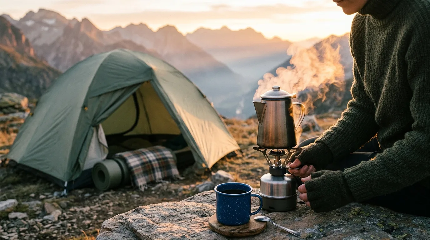 Campingkocher mit Topf an einem Bergcampingplatz