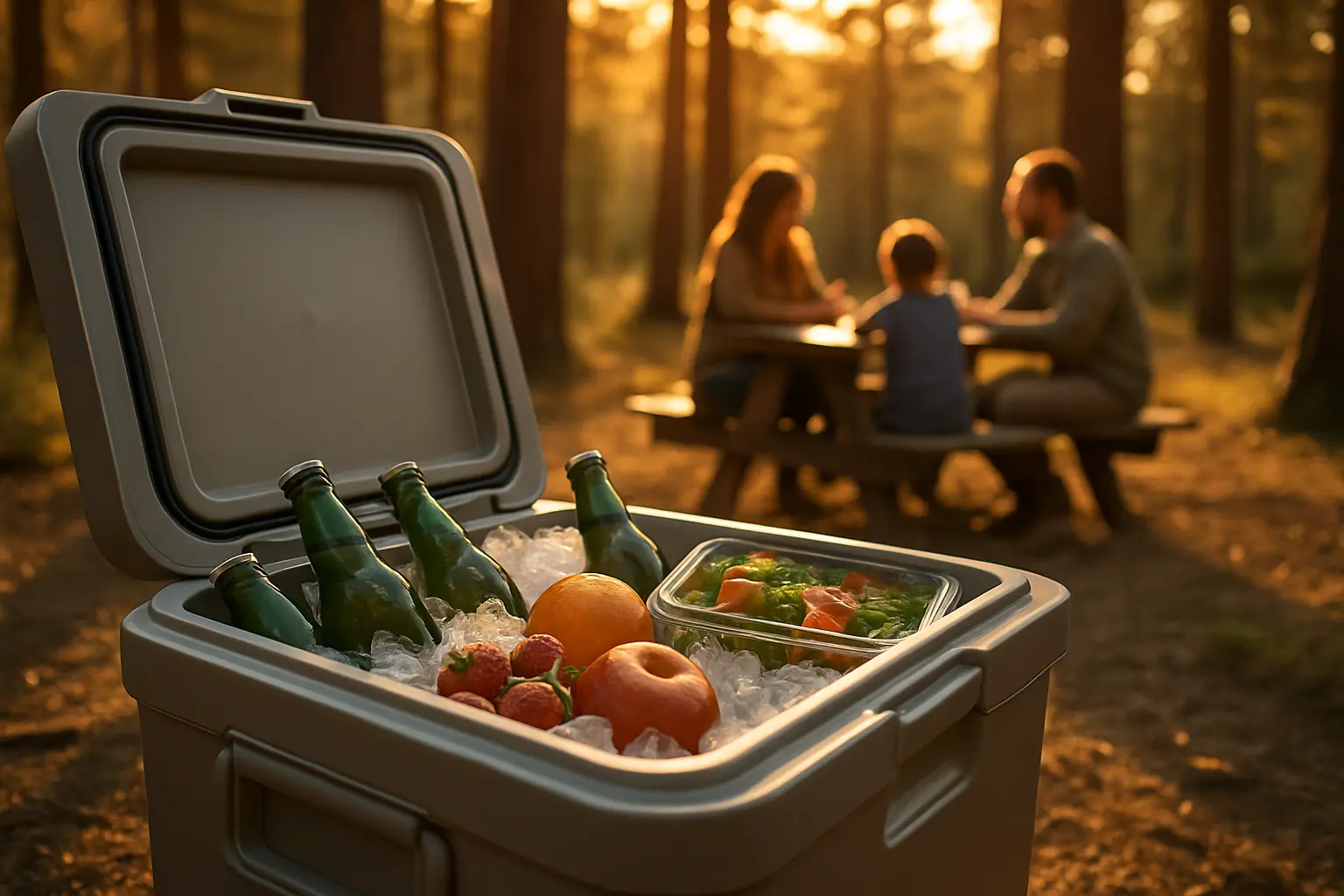 Campingkühlbox mit Getränken und Lebensmitteln an einem sonnigen Waldcampingplatz
