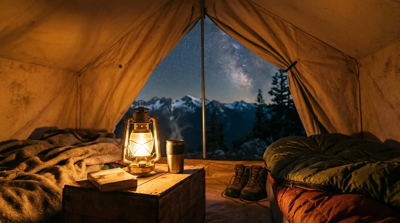 Campinglampe beleuchtet das Innere eines Zeltes bei Nacht