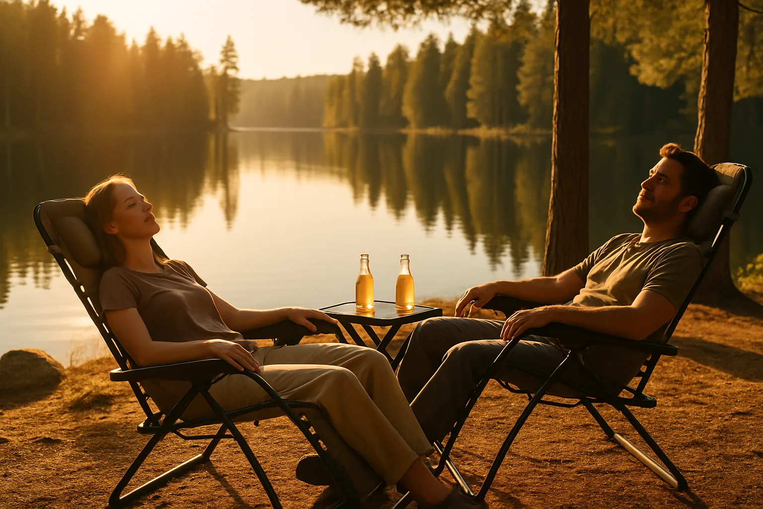 Zwei Campingliegestühle nebeneinander auf einem sonnigen Campingplatz – eine Lafuma und eine günstigere Alternative
