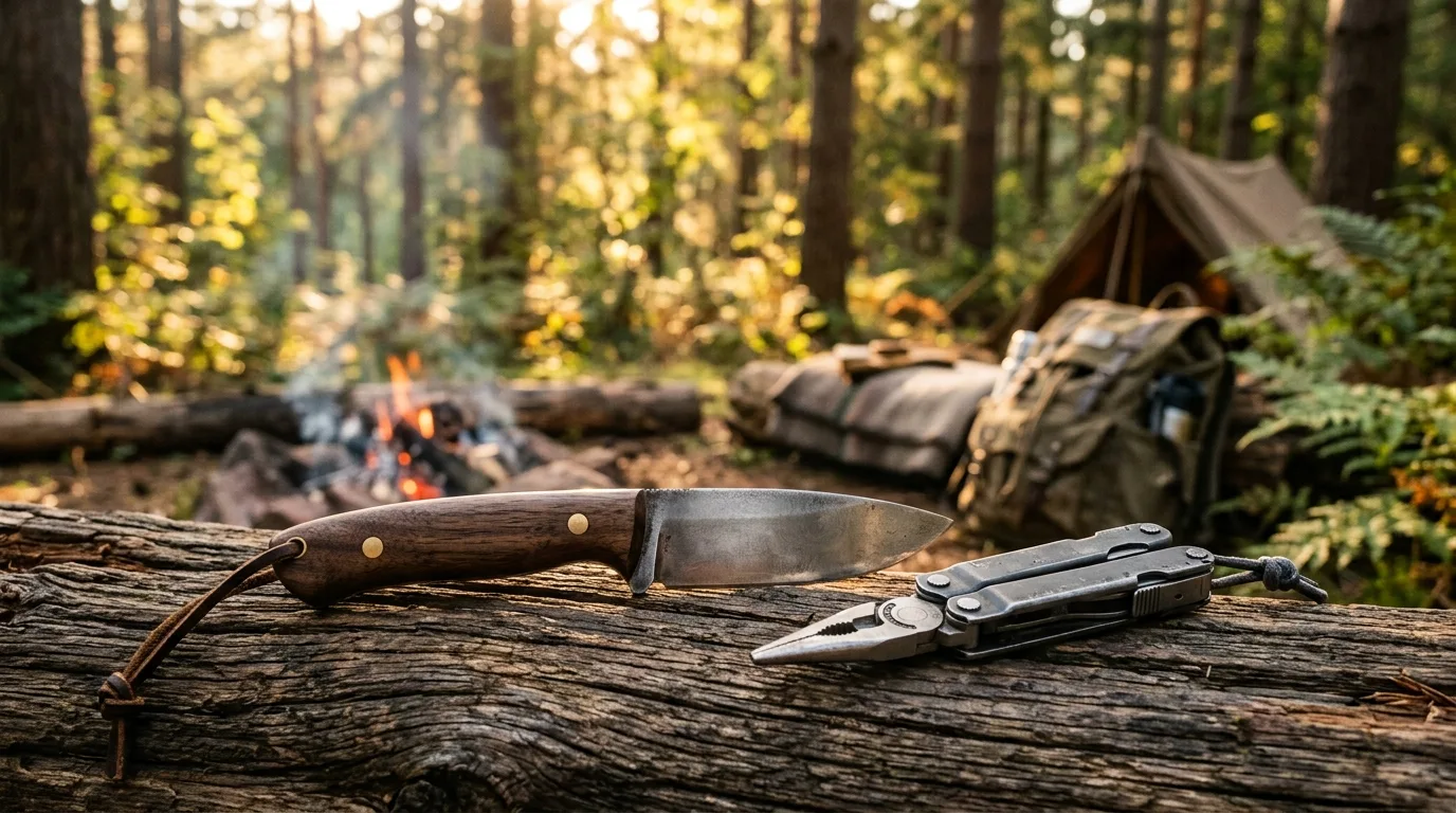 Outdoor-Messer und Multitool auf einem Holzblock in einem Wald