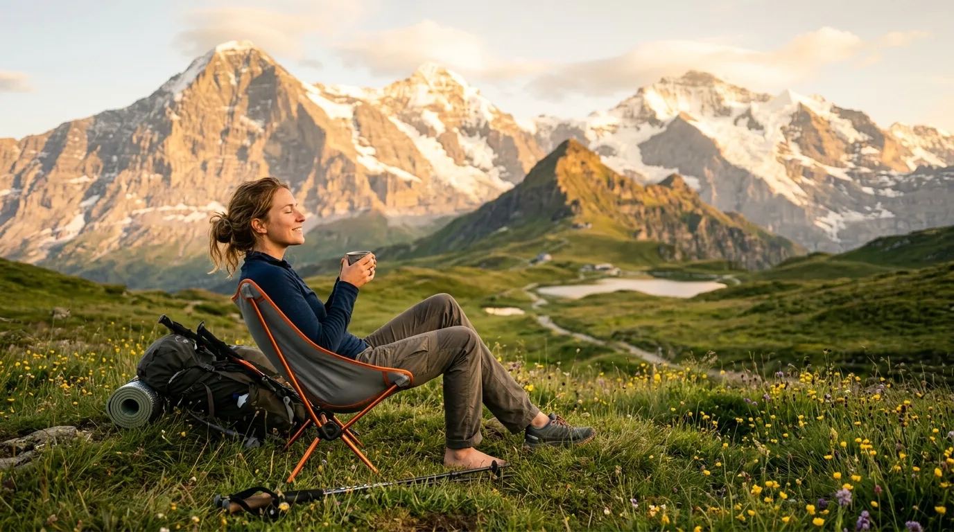 Vier Campingstühle nebeneinander auf einer Wiese – von ultraleicht bis Komfort