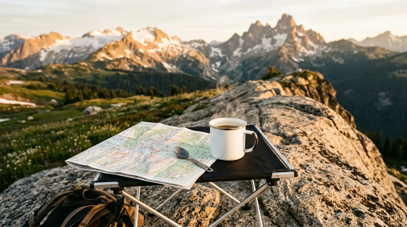Leichter Campingtisch mit Tasse und Karte in alpiner Berglandschaft