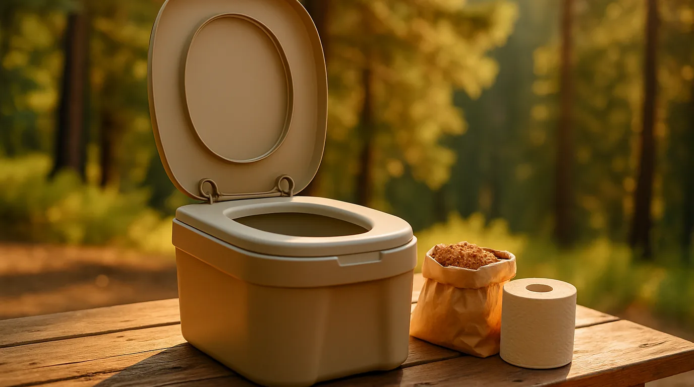 Kompakte Campingtoilette auf einem Holzboden im Wohnmobil, daneben Kokosfaser-Streu und ein kleiner Kanister