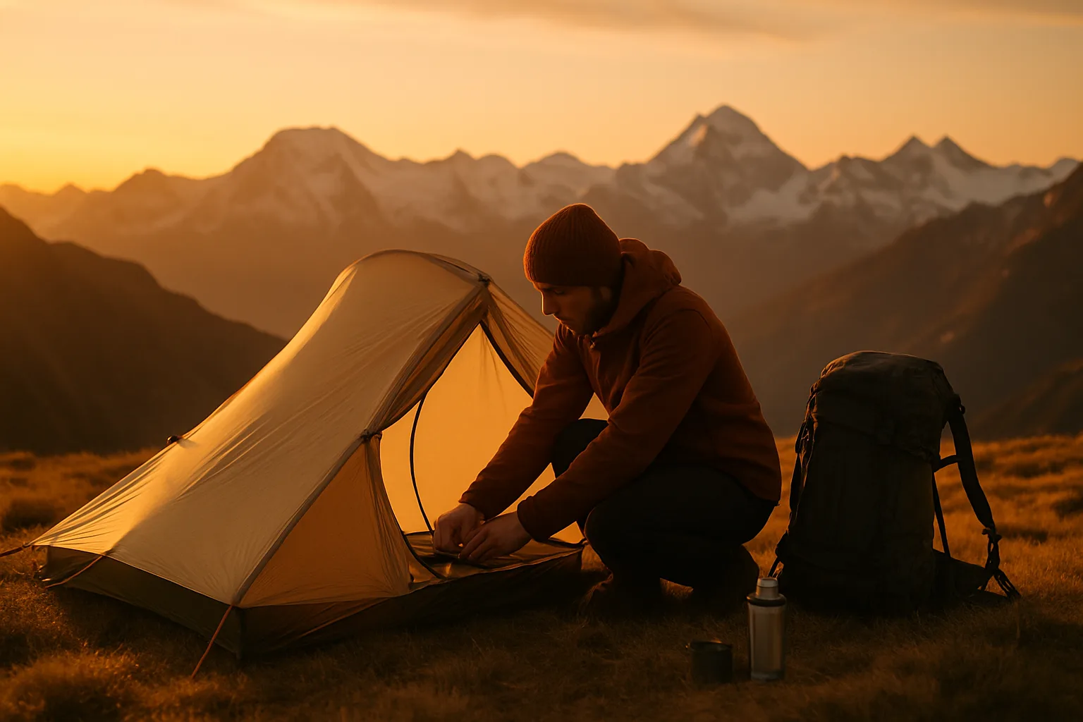 Solo-Trekker baut sein leichtes Einpersonenzelt am Gipfelplateau eines Berges auf – weites Alpenpanorama im Abendlicht
