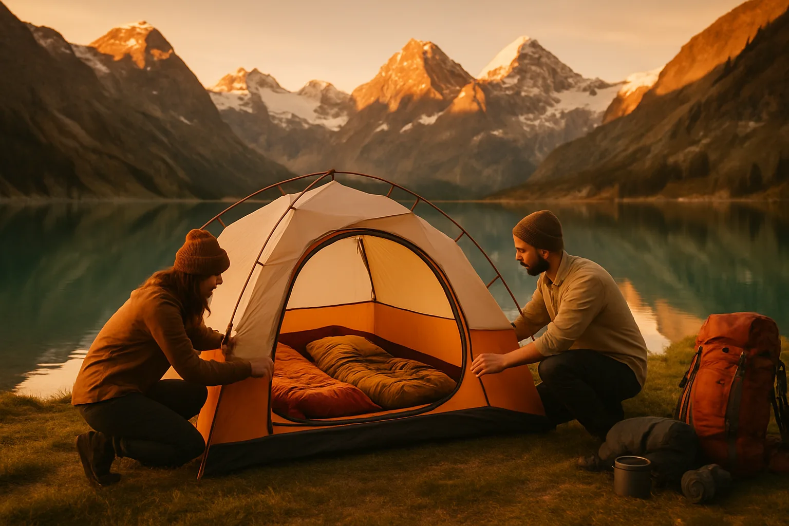 Zwei Freunde bauen ihr Trekkingzelt am Ufer eines Bergsees auf – goldenes Abendlicht und Alpenglow