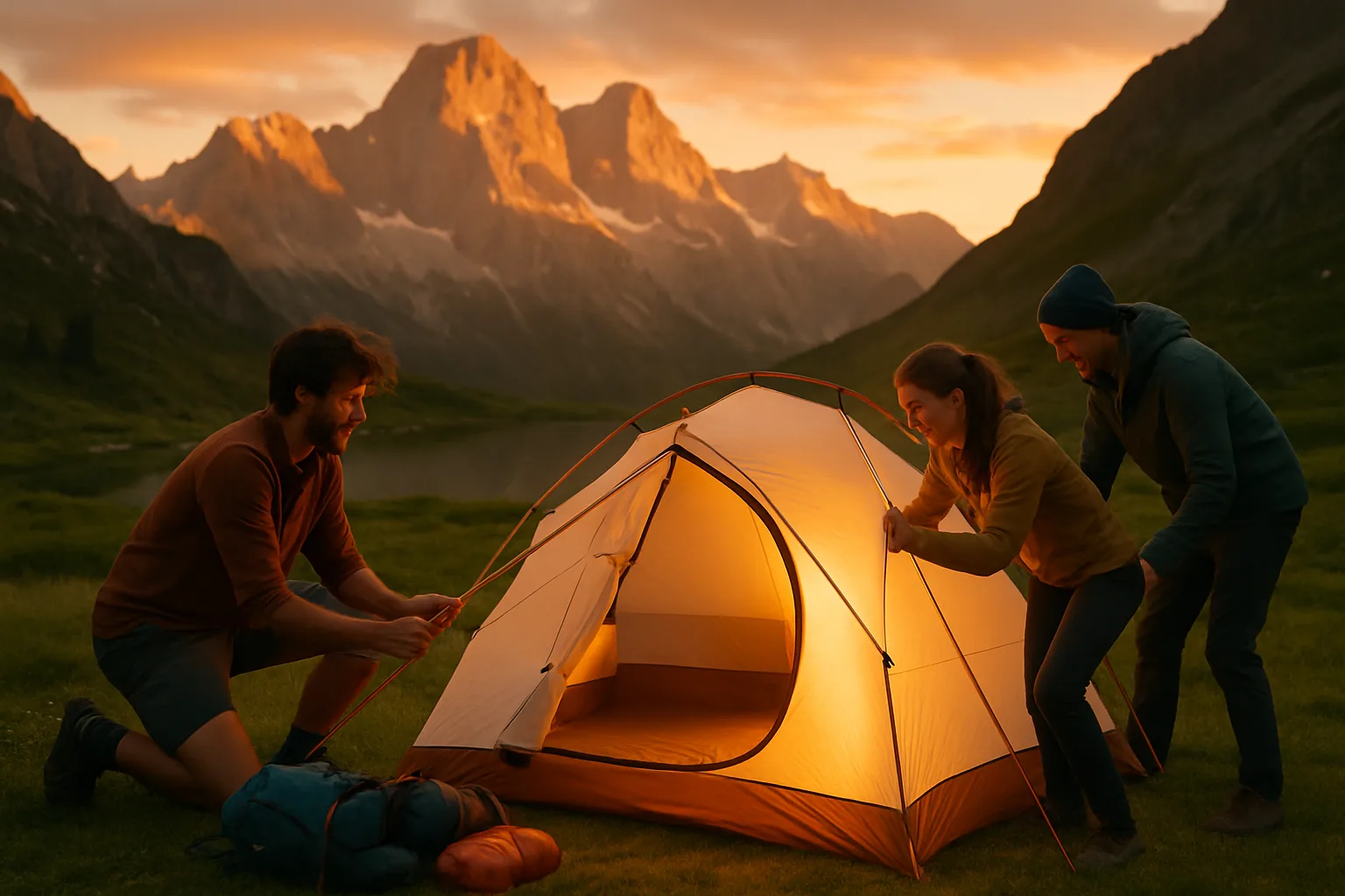 Drei Freunde bauen ihr Trekkingzelt auf einem idyllischen Bergcampingplatz beim Sonnenuntergang auf