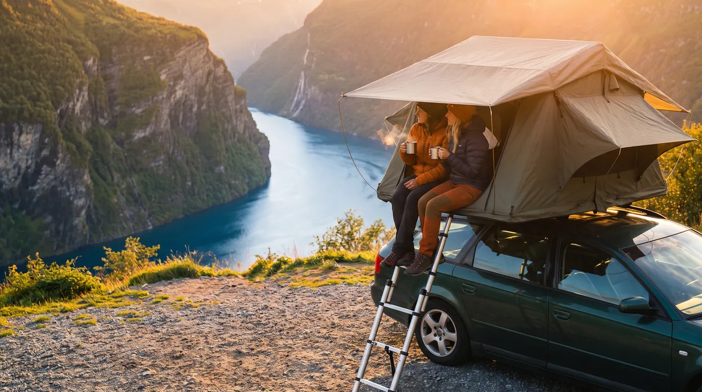 Paar mit Kaffeebechern in einem aufgeklappten Dachzelt auf einem Kombi, oberhalb eines Fjords im Abendlicht