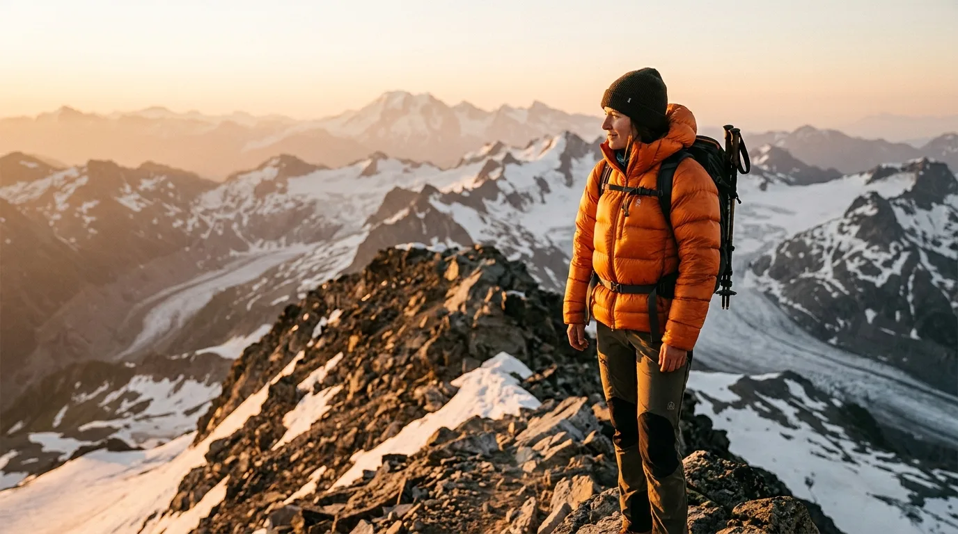 Bergsteiger in gelber Daunenjacke auf einem verschneiten Gipfelgrat