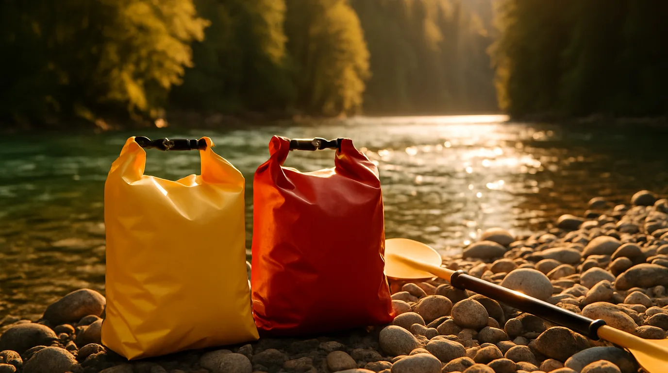 Bunte Ortlieb Drybags am Flussufer beim Kajakfahren mit wasserdichter Ausrüstung