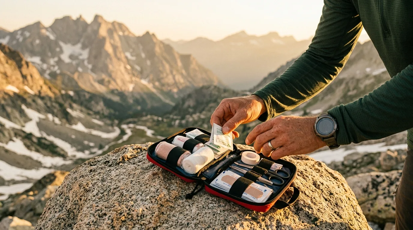 Outdoor-Erste-Hilfe-Set auf einem Felsvorsprung, aufgeklappt mit sichtbaren Verbandsmaterialien, Bergpanorama im Hintergrund