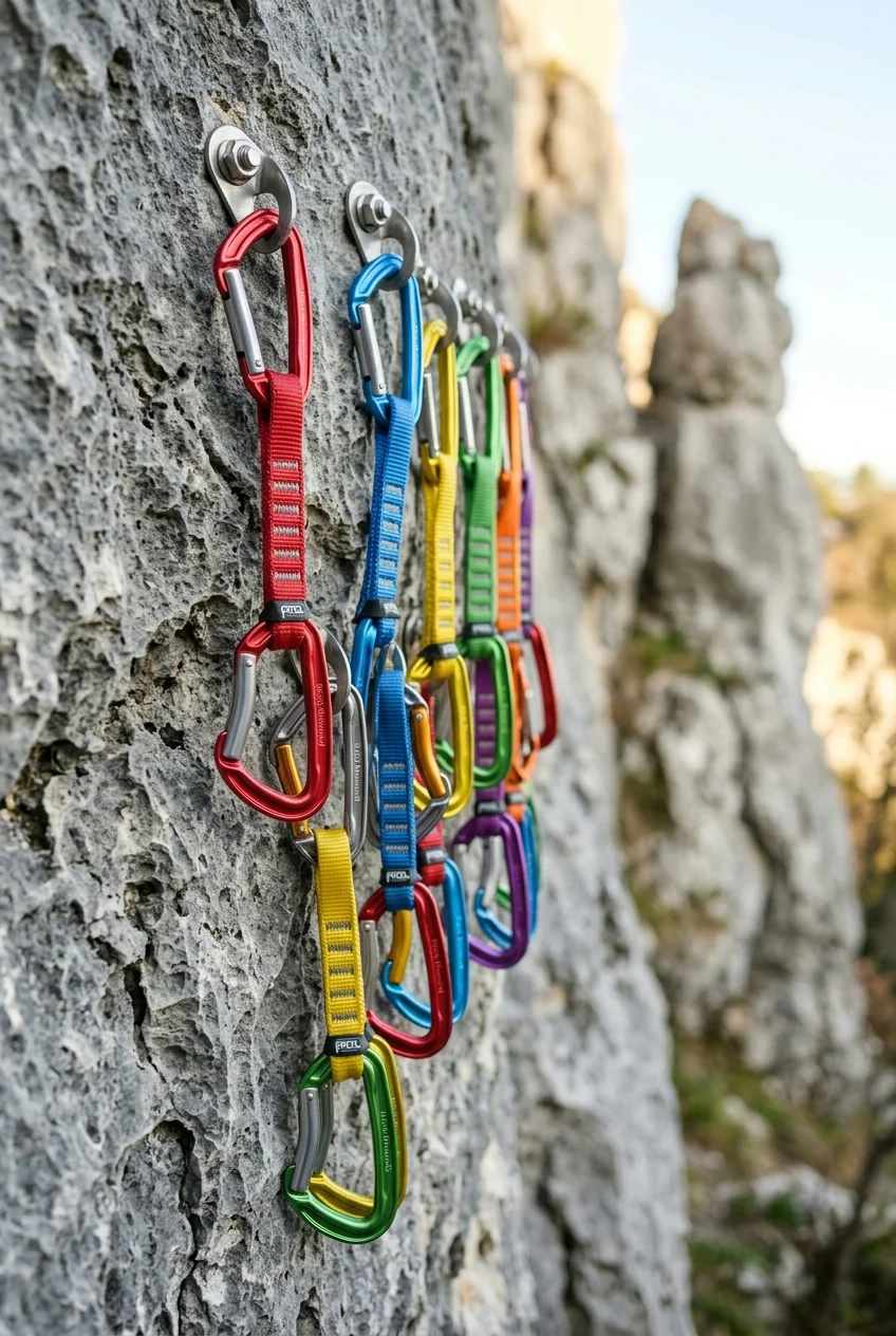 Bunte Express-Schlingen-Sets am Felshaken einer Outdoor-Sportkletter-Route im Sonnenlicht