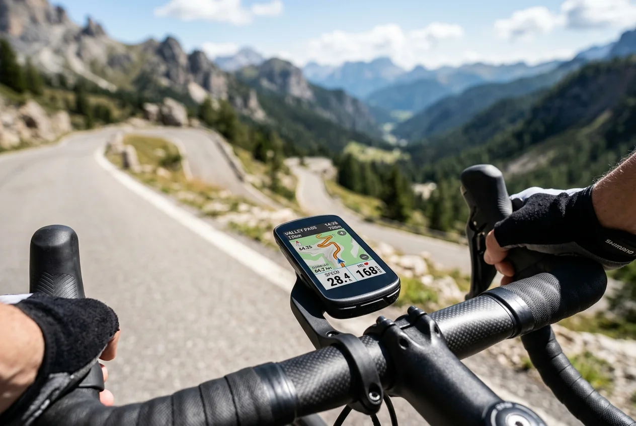 Rennradfahrer an einem Berggipfel blickt auf seinen GPS-Fahrradcomputer mit Routenanzeige im Morgenlicht
