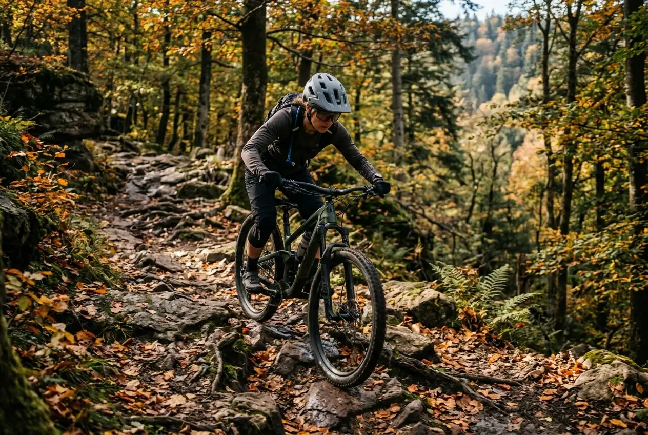 Mountainbiker mit modernem Trail-Helm auf einer felsigen Singletrail-Abfahrt im Sonnenlicht