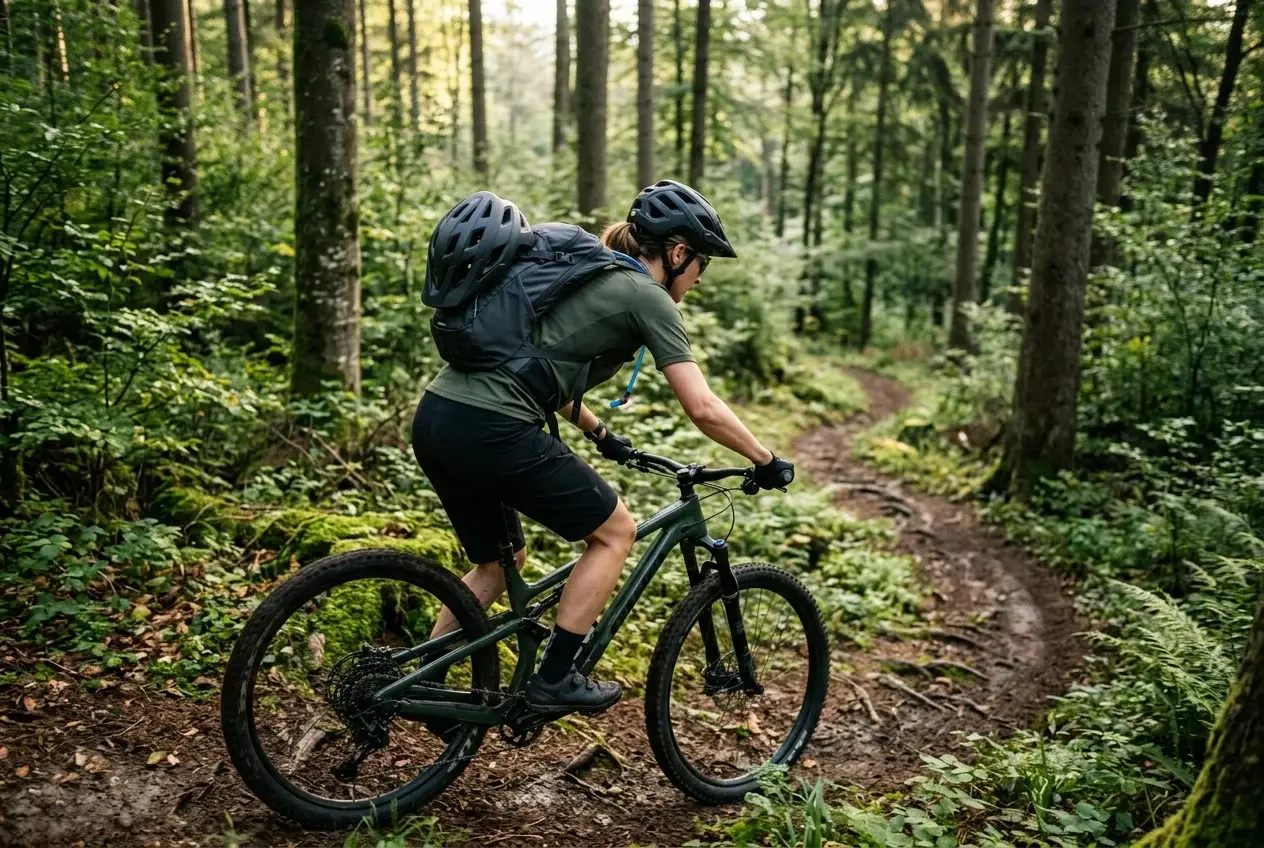 Mountainbiker mit belüftetem Fahrradrucksack auf einem Singletrail im Wald mit Sonnenstrahlen durch die Baumkronen