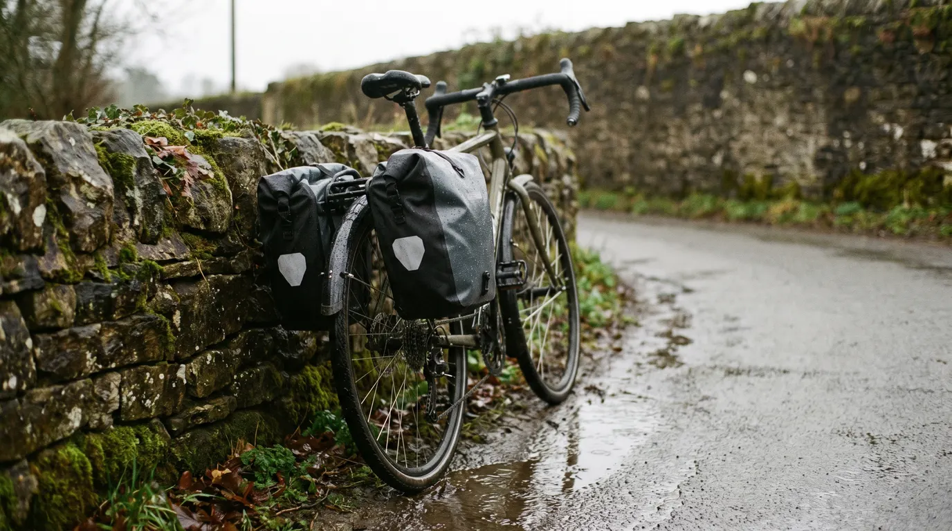 Reiserad mit zwei wasserdichten Packtaschen am Gepäckträger an einer Steinmauer nach dem Regen