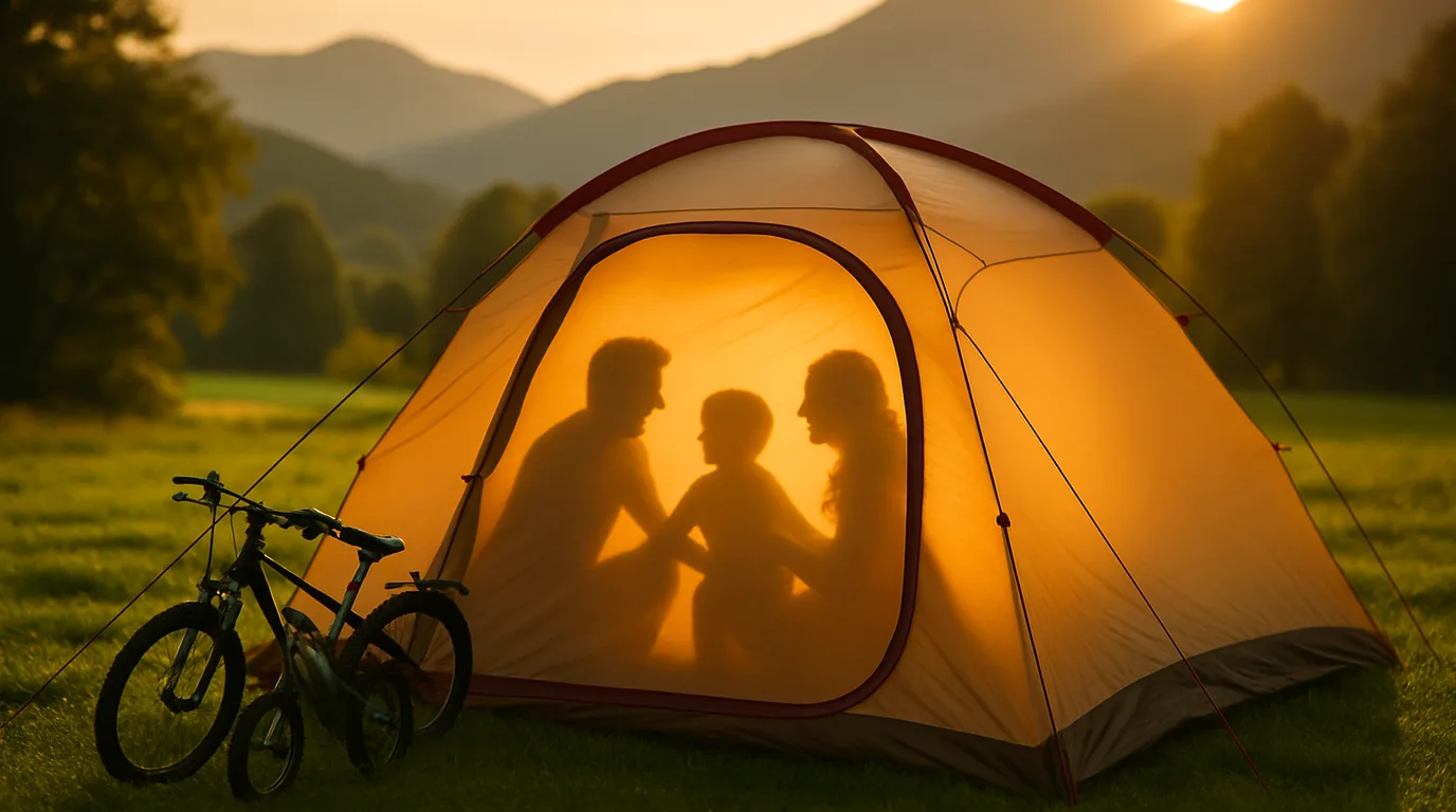 Großes Familienzelt auf einem grünen Campingplatz im Sommer, Kinder spielen davor, warmes Morgenlicht