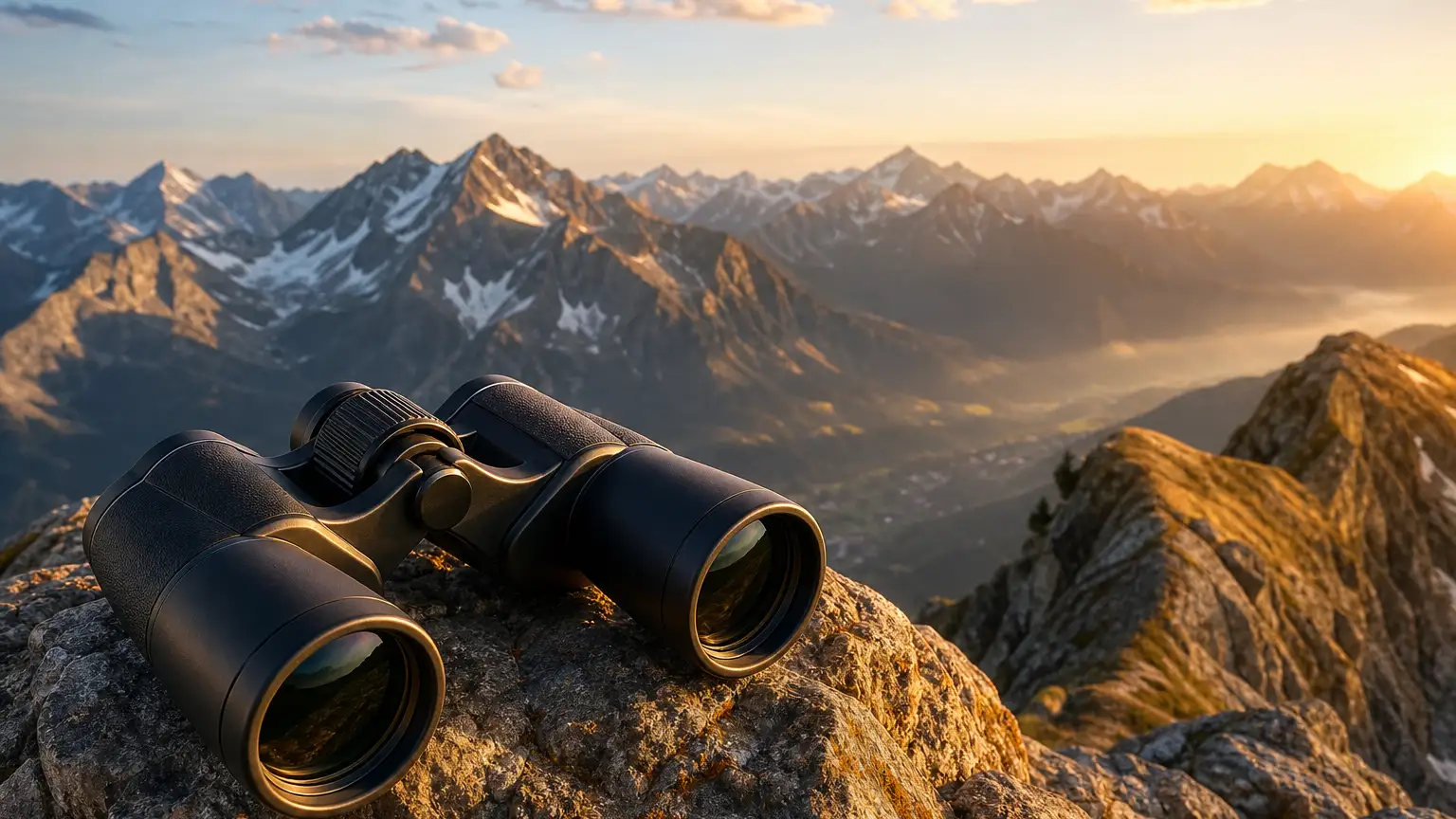 Fernglas auf einem Bergfelsen mit weitem Alpenblick bei klarem Morgenlicht