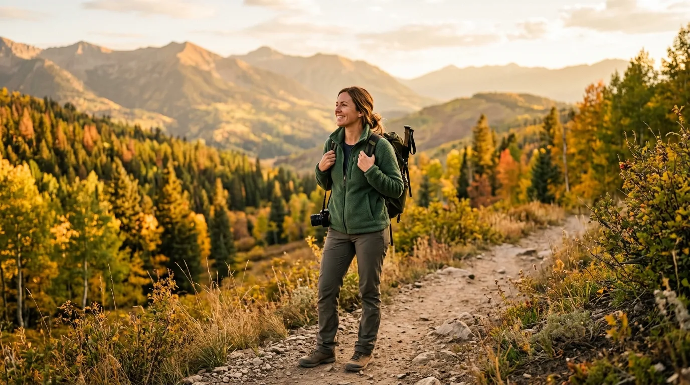 Wanderin in roter Fleecejacke auf einem Bergrücken mit Blick ins Tal
