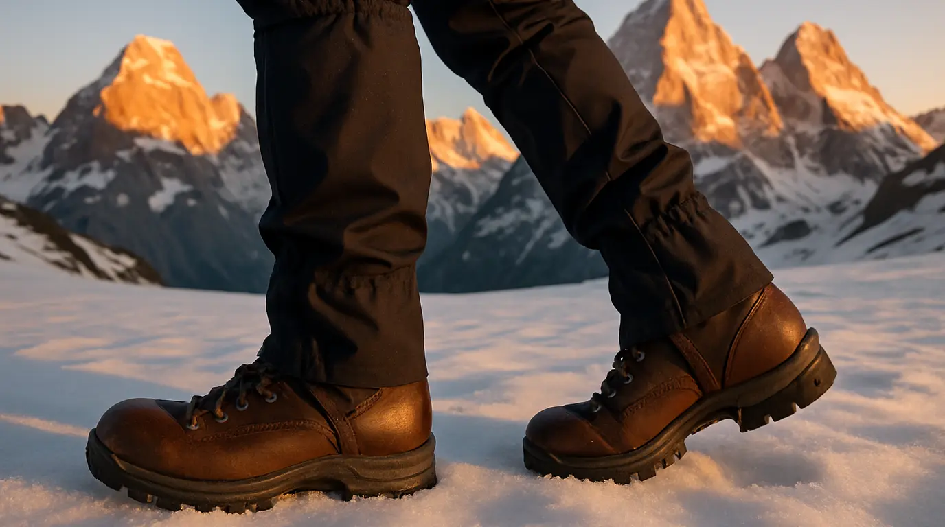 Wanderer in Bergschuhen mit Gamaschen auf einem nassen Schneefeld mit alpinem Panorama im Hintergrund