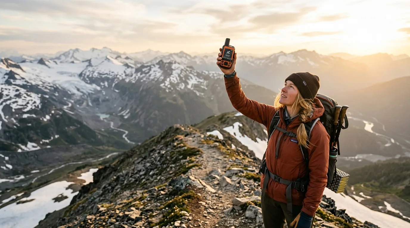 Wanderer in den Bergen hält ein GPS-Gerät mit Satellitenverbindung in der Hand