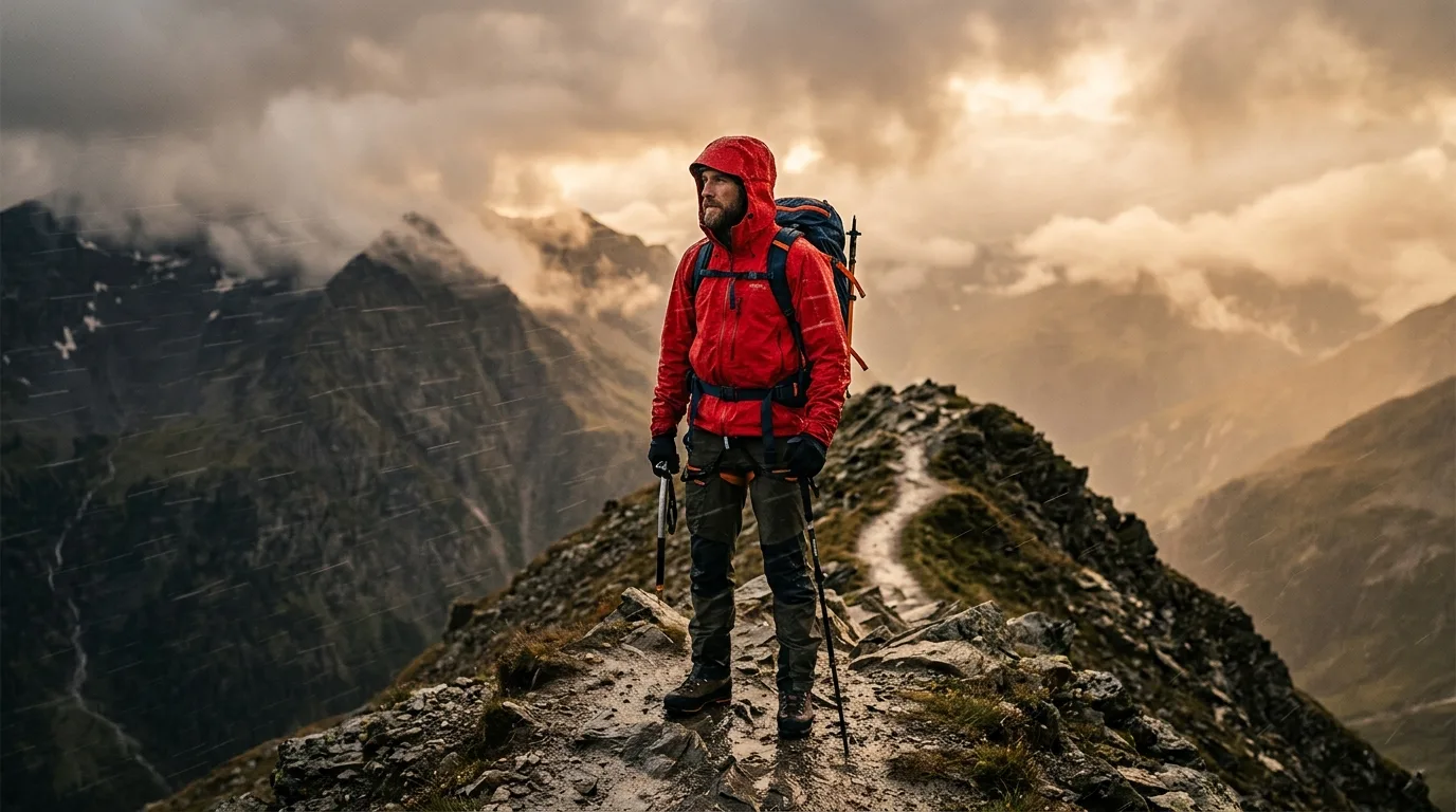 Bergsteigerin in roter Hardshell-Jacke bei Regen und Wind am Grat