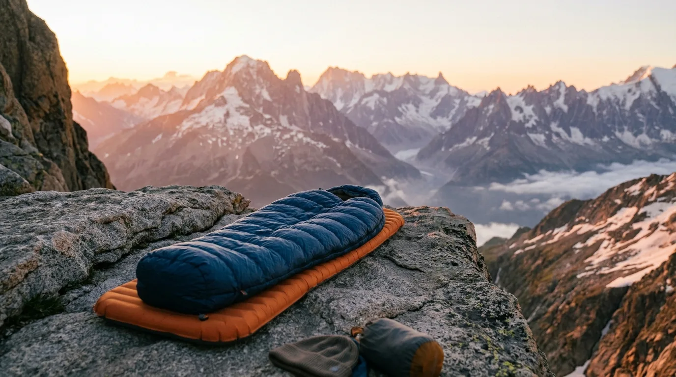 Isomatte aufgerollt neben einem Zelt auf einem Bergcampingplatz
