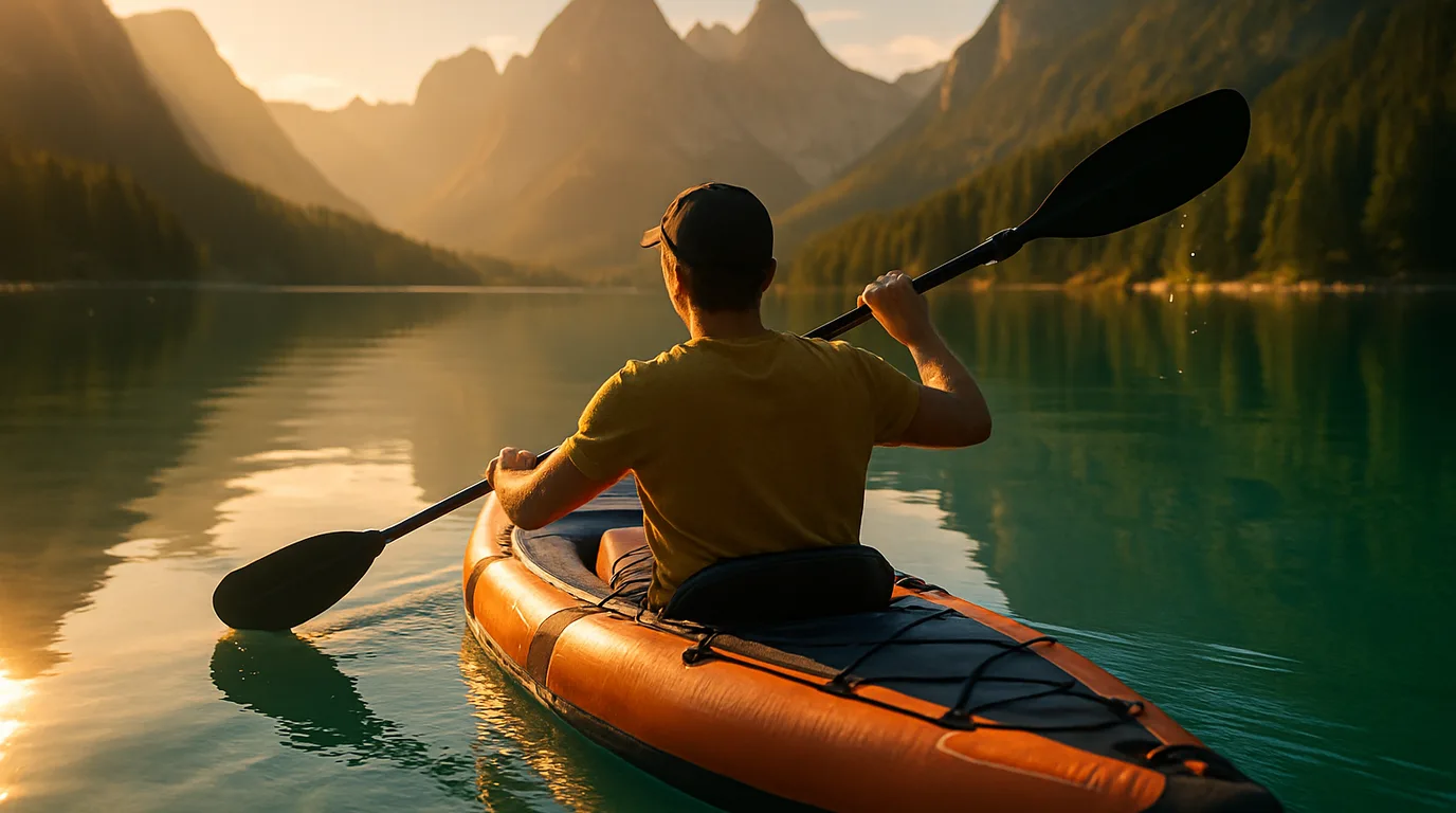 Person paddelt in einem aufblasbaren Kajak auf einem ruhigen Bergsee mit Spiegelung der Berge im klaren Wasser