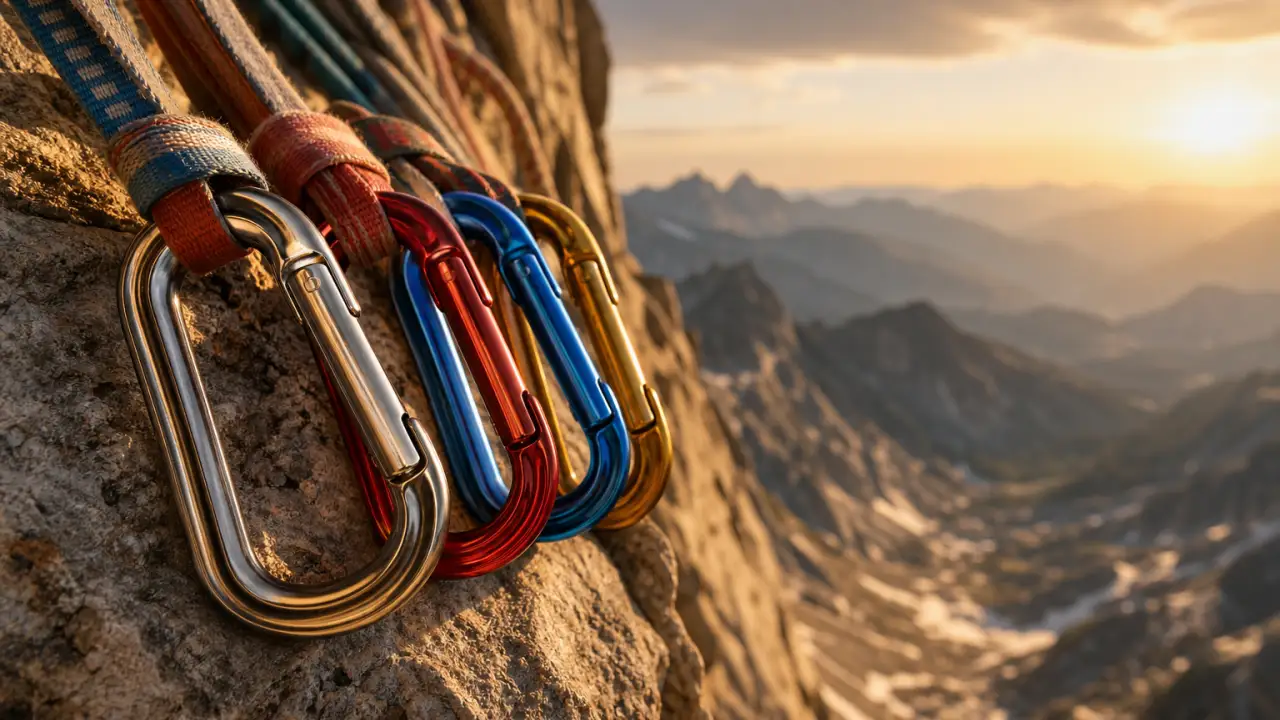 Vier verschiedene Kletterkarabiner auf einem Felsvorsprung mit einem Klettersteig im Hintergrund