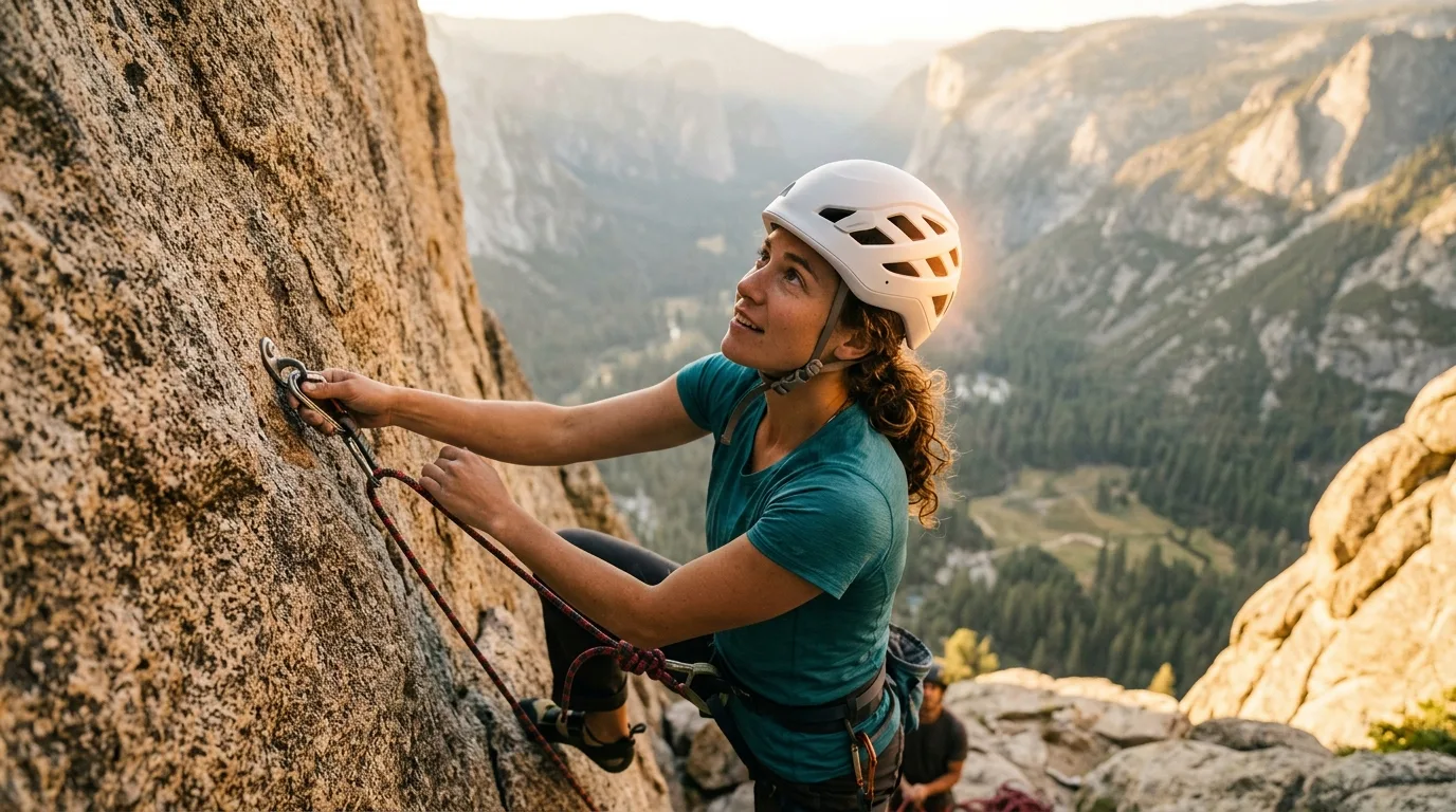 Kletterer mit Helm an einer Felsroute mit blauem Himmel im Hintergrund