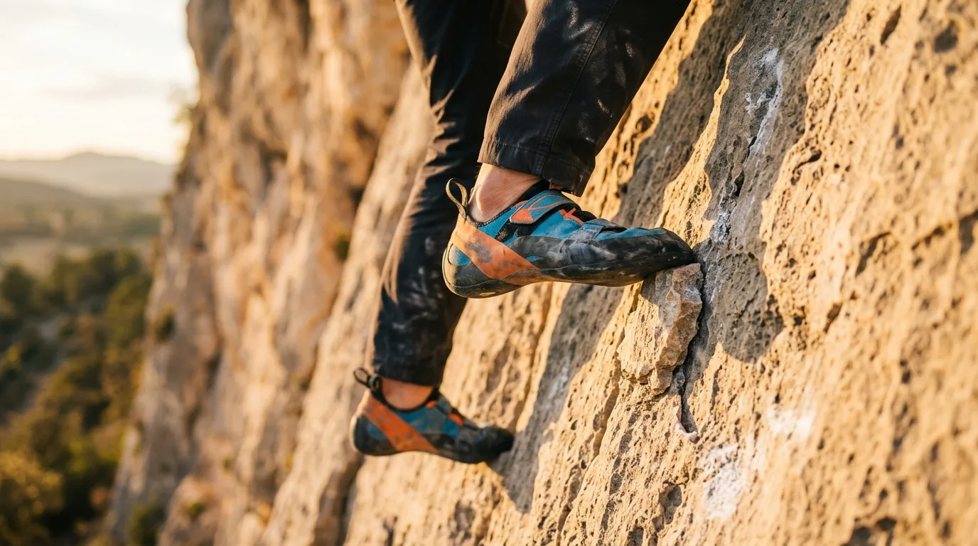 Nahaufnahme eines Kletterers mit roten Kletterschuhen an einer strukturierten Felswand im Sonnenlicht