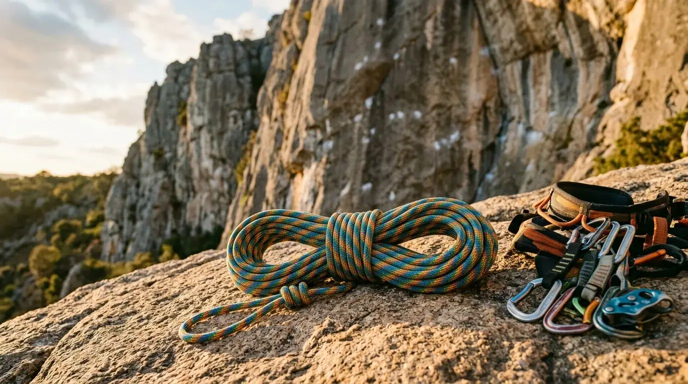 Dynamisches Kletterseil in Acht-Form auf einem Felsvorsprung mit Steilwand im Hintergrund