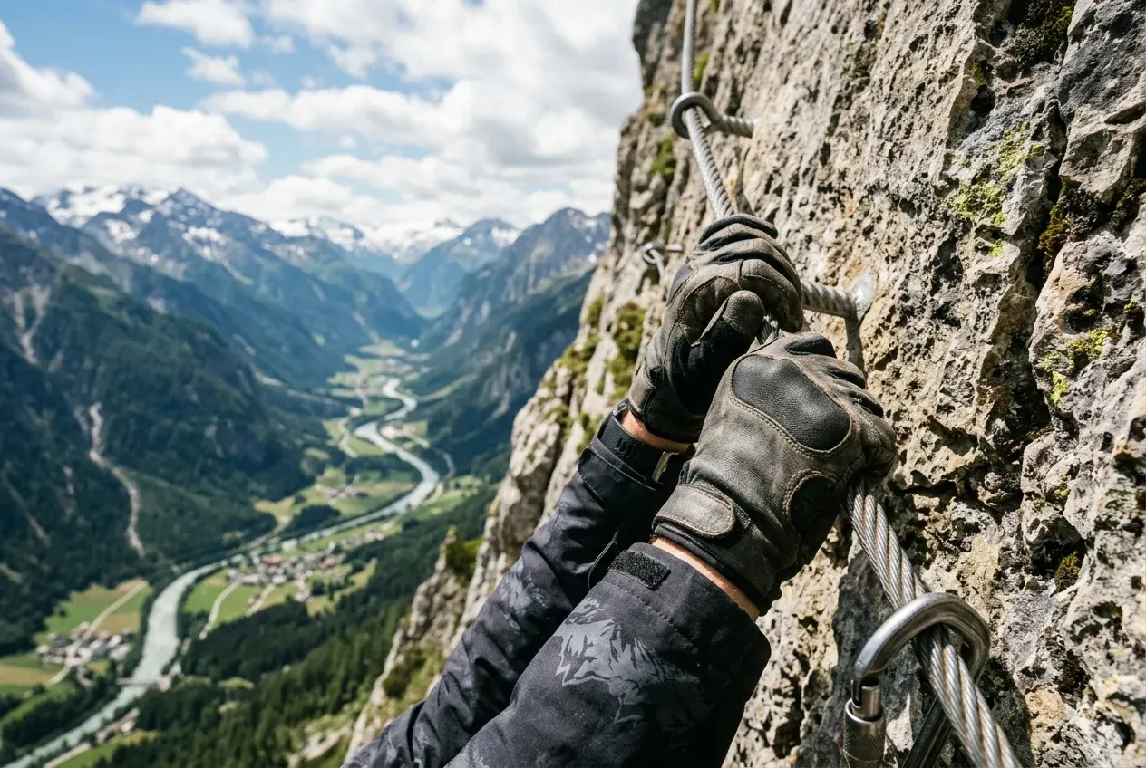Nahaufnahme von Klettersteig-Handschuhen mit Lederhandfläche am Stahldraht eines alpinen Klettersteigs