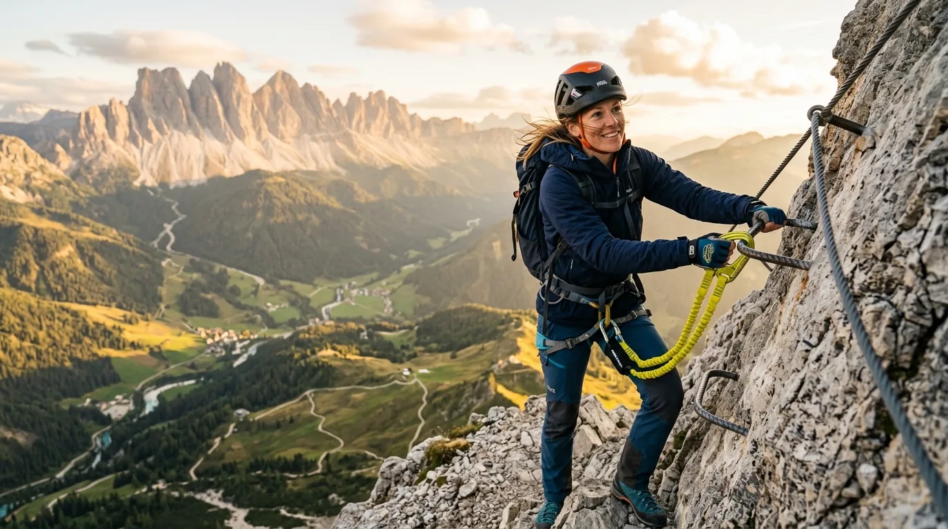 Kletterer sichert sich an einem Klettersteig-Bügel mit gelbem Y-Form-Set in alpinem Gelände