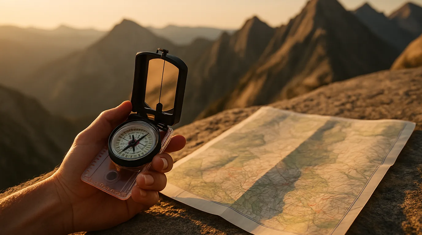 Outdoor-Kompass auf einer topografischen Karte, im Hintergrund Bergpanorama