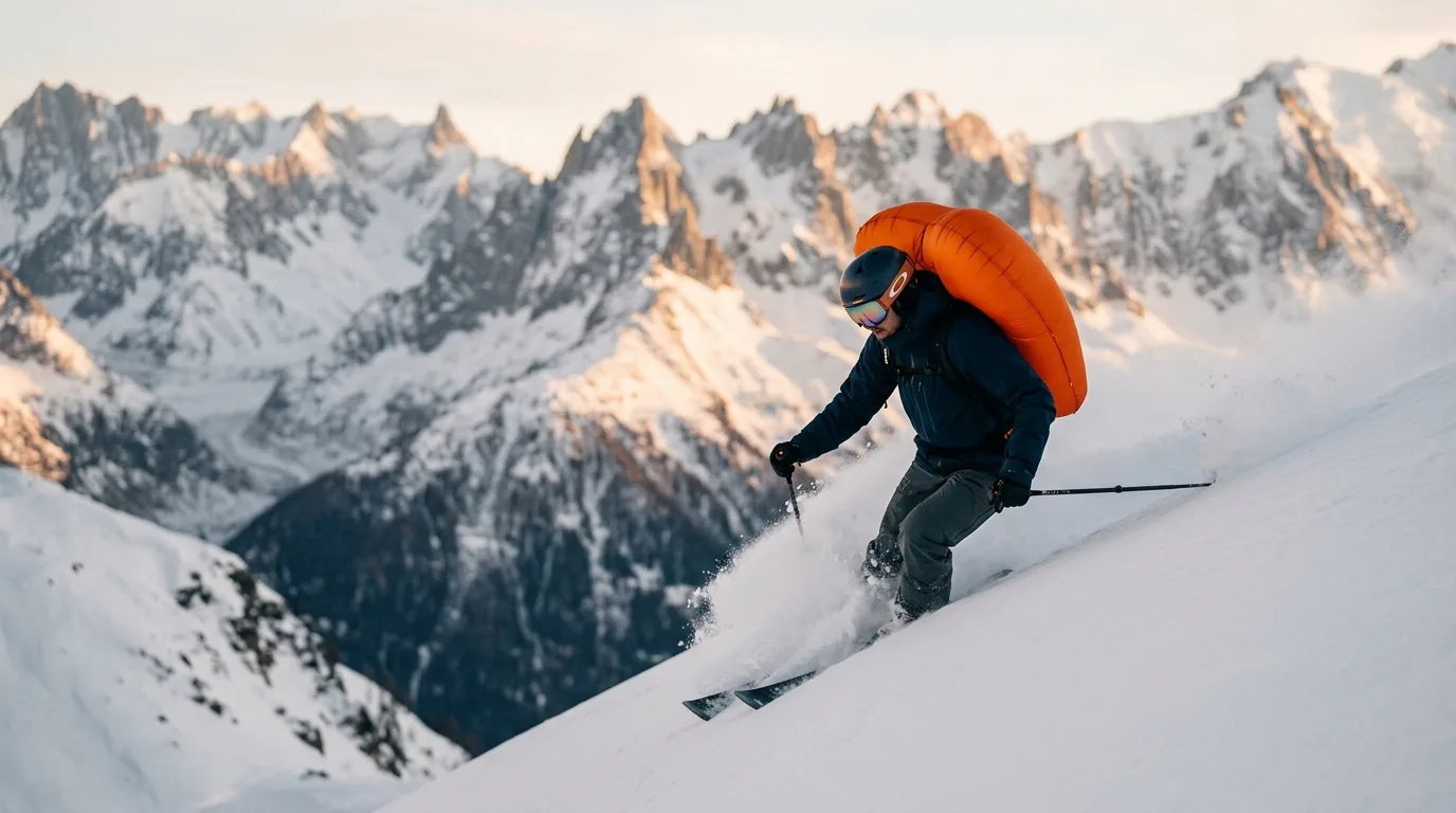 Skifahrer mit Lawinenrucksack im Steilhang mit ausgelöstem Airbag im Pulverschnee