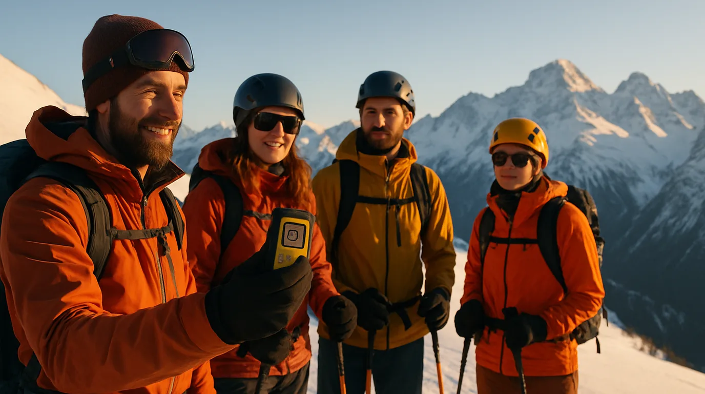 Skitouren-Gruppe mit LVS-Gerät in der Hand bei der Lawinenrettungsübung im Hochgebirge