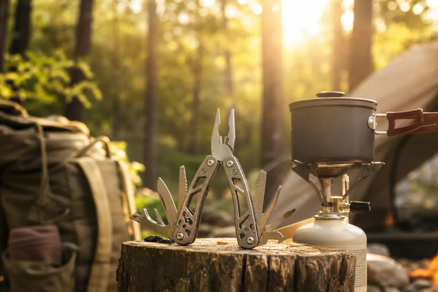 Aufgeklapptes Multitool neben einem Campingkocher und Rucksack auf einem Waldboden in warmem Abendlicht