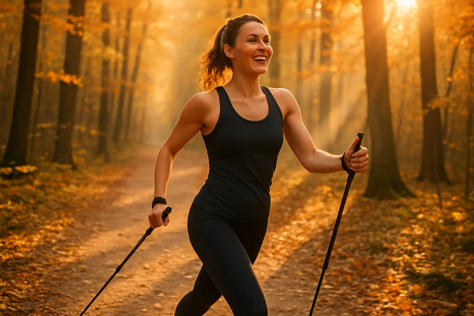 Frau beim Nordic Walking in herbstlichem Wald – Stöcke diagonal in Bewegung, warmes Gegenlicht