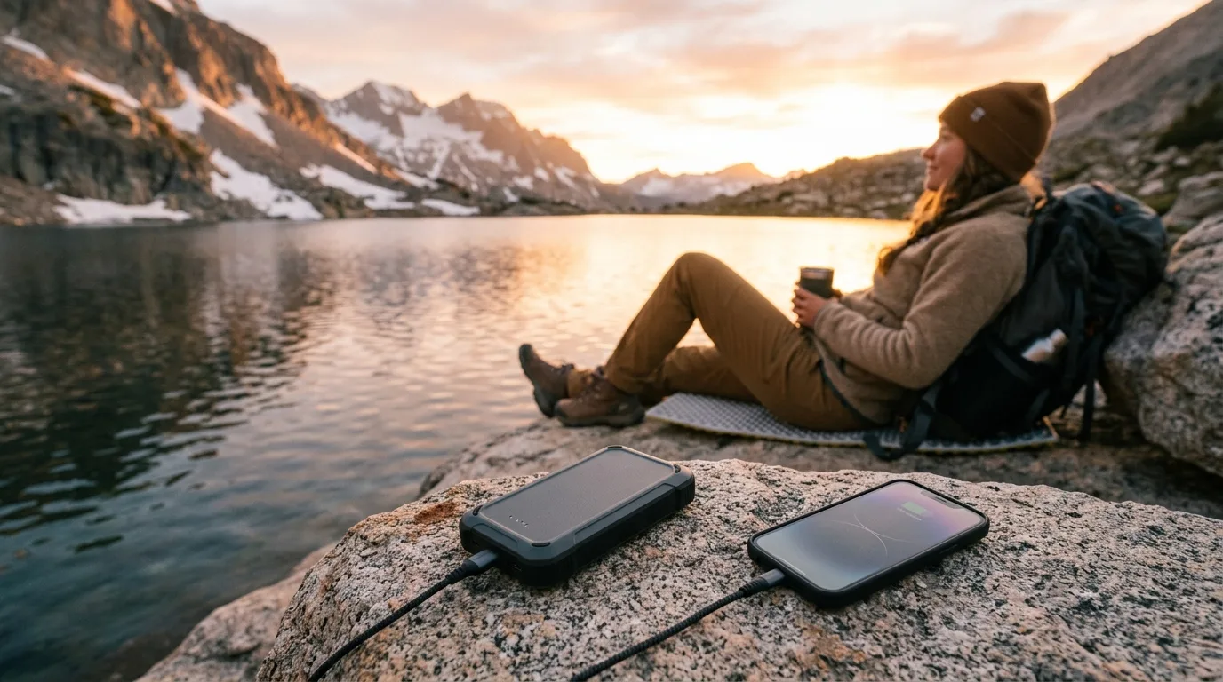 Outdoor-Powerbank wird an einem Bergsee aufgeladen